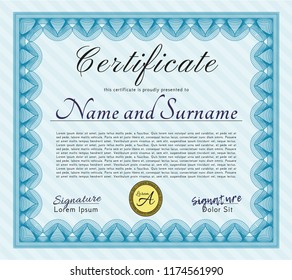 Light blue Certificate template. Sophisticated design. With complex linear background. Customizable, Easy to edit and change colors. 