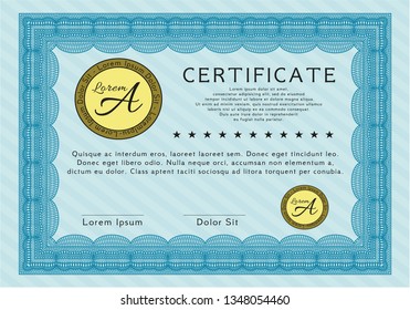 Light blue Certificate template. Sophisticated design. With guilloche pattern. Detailed. 