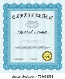 Light blue Certificate template. Superior design. Vector illustration. With guilloche pattern. 