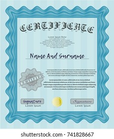 Light blue Certificate template. Superior design. Vector illustration. Complex background. 