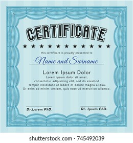 Light blue Certificate template. Superior design. Customizable, Easy to edit and change colors. With guilloche pattern and background. 