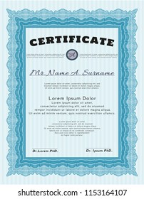 Light blue Certificate template. Vector illustration. With linear background. Artistry design. 
