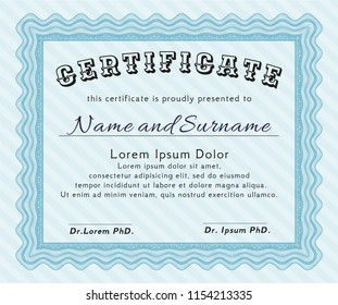 Light blue Certificate template. Vector illustration. Easy to print. Good design. 