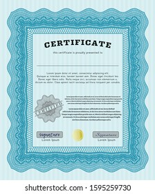Light blue Certificate template. Vector illustration. Printer friendly. Nice design. 