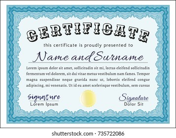 Light blue Certificate template. Vector illustration. With quality background. Superior design. 
