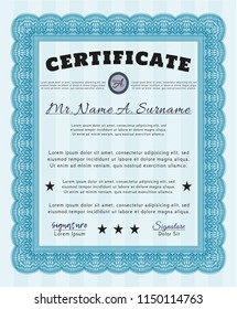 Light blue Certificate. Vector illustration. With complex linear background. Money style design. 