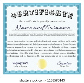 Light blue Certificate. Vector illustration. With great quality guilloche pattern. Excellent design. 