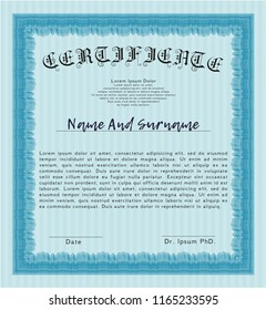 Light blue Certificate. Vector illustration. With linear background. Artistry design. 