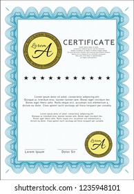 Light blue Certificate. Vector illustration. With guilloche pattern and background. Elegant design. 