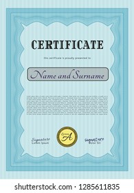 Light blue Certificate. Vector illustration. With guilloche pattern. Money Pattern. 