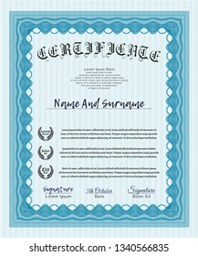 Light blue Certificate. Vector illustration. With quality background. Artistry design. 