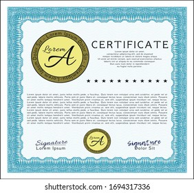 Light blue Certificate. Vector illustration. With guilloche pattern. Money design. 