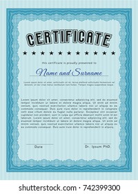 Light blue Certificate. Vector illustration. With complex linear background. Money design. 
