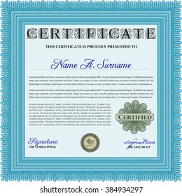 Light blue Certificatem diplmoa or award template. With guilloche pattern. Design template. Money design. 