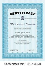 Light blue CertifiLight blue Certificate template. Printer friendly. Vector illustration. Beauty design. cate. Excellent design. Vector illustration. With guilloche pattern and background. 