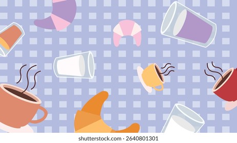 Light blue checkered background with croissants, hot coffee cups, and colorful glass tumblers in a cozy morning breakfast theme.