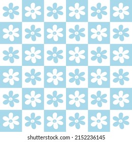 Light blue checkered daisy pattern. Vector seamless pattern.