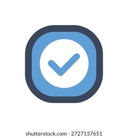 Uma marca de seleção azul clara dentro de um círculo e quadrado arredondado em branco. Estilo minimalista plano.