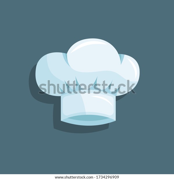 Light blue chef hat. White isolated cook\'s cap with a\
small shadow on a grey background. Stock vector. Flat cartoon\
illustration. 