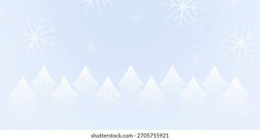 Light blue Christmas background with halftone pine trees and snowflakes. Noise stippled texture of winter forest