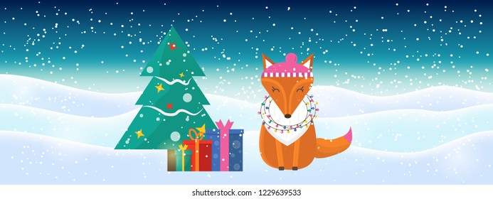 Light blue Christmas background with white sparkling snowflakes. Winter holiday illustration,  landscape with fox and presents, space for text. Template for decoration, greeting cards, invitations.