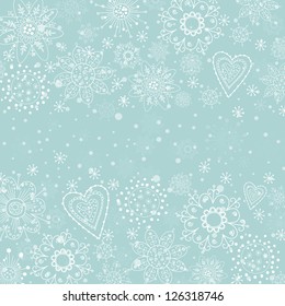 light blue Christmas background with white snowflake drawn hand