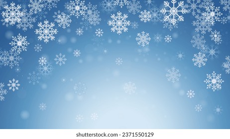 Light blue Christmas background with white snowflakes, snow, place for text for holiday greetings. Snowflakes with different patterns and volume effect.