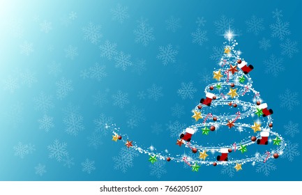 light blue christmas background with white balls with snowflakes and christmas tree