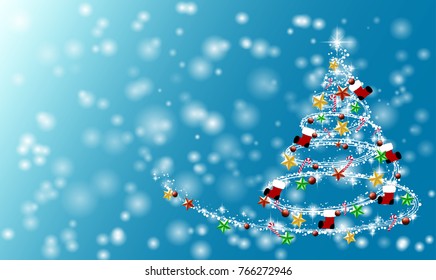 light blue christmas background with white balls with snowflakes and christmas tree