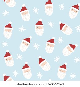 Light blue Christmas pattern, Santa heads and snowflakes cool repeat background