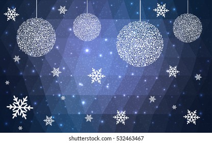 Light blue christmas postcard low polygon background. Vector illustration consisting of triangles. Abstract triangular polygonal origami or crystal design of New Year celebration.