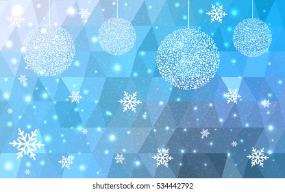 Light BLUE christmas postcard low polygon background. Vector illustration consisting of triangles. Abstract triangular polygonal origami or crystal design of New Year celebration.