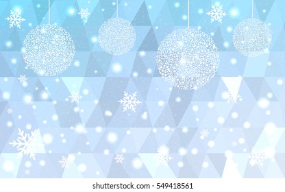 Light BLUE christmas postcard low polygon background. Vector illustration consisting of triangles. Abstract triangular polygonal origami or crystal design of New Year celebration.
