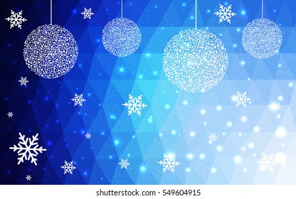 Light BLUE christmas postcard low polygon background. Vector illustration consisting of triangles. Abstract triangular polygonal origami or crystal design of New Year celebration.