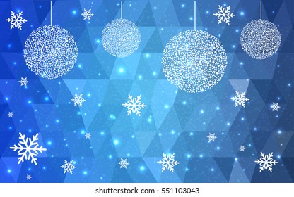 Light BLUE christmas postcard low polygon background. Vector illustration consisting of triangles. Abstract triangular polygonal origami or crystal design of New Year celebration.