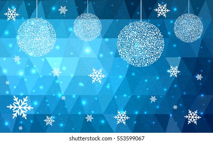 Light BLUE christmas postcard low polygon background. Vector illustration consisting of triangles. Abstract triangular polygonal origami or crystal design of New Year celebration.