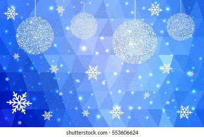 Light Blue christmas postcard low polygon background. Vector illustration consisting of triangles. Abstract triangular polygonal origami or crystal design of New Year celebration.