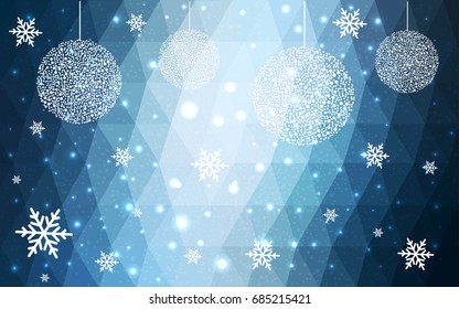 Light BLUE christmas postcard low polygon background. Vector illustration consisting of triangles. Abstract triangular polygonal origami or crystal design of New Year celebration.