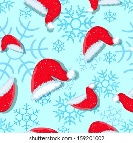 Light Blue Christmas Seamless Pattern with Detailed Snowflakes and Red Santa Hat. Vector illustration