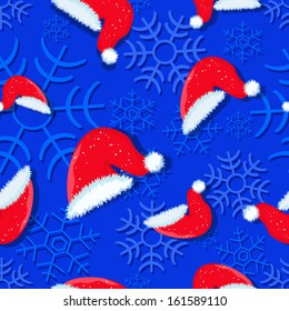 Light Blue Christmas Seamless Pattern with Decorative Snowflakes and Red Santa Hat on Dark Blue Background. Vector illustration