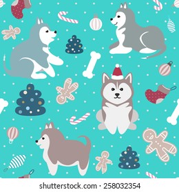 Light blue Christmas seamless pattern with cute cheerful husky puppies, fir trees, dog food bones, ornaments, christmas socks and gingerbread man sweets