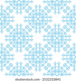 Light blue Christmas seamless vector snowflake texture on white background. Monochrome seasonal pattern for wrapping paper, greeting cards, invitations, gift boxes and web background.