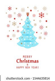 Light blue Christmas tree on white background. Red and gold snowflakes and text. Vector illustration for poster, card, banner