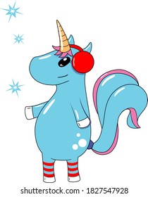 Light blue Christmas Unicorn with pink hair and shiny happy eyes  wearing white-red socks and hat