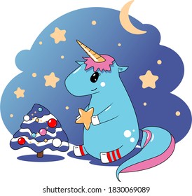 Light blue Christmas Unicorn with pink hair and shiny happy eyes  wearing white-red socks on landskape background