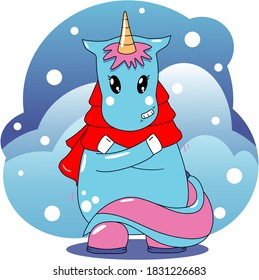 Light blue Christmas Unicorn with pink hair and shiny happy eyes  wearing white-red socks on landskape background