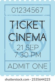 Light blue cinema ticket for a movie screening on september 21st at 7,30 pm, featuring a stylized film reel icon and a worn, vintage aesthetic