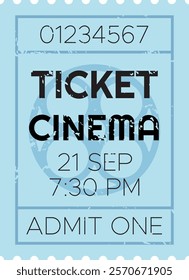 Light blue cinema ticket for a movie showing at 7,30 pm on the 21st of september with a stylized film reel in the background and a serial number on top