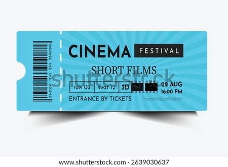 A light blue cinema ticket for a short films festival, featuring event details and a barcode.