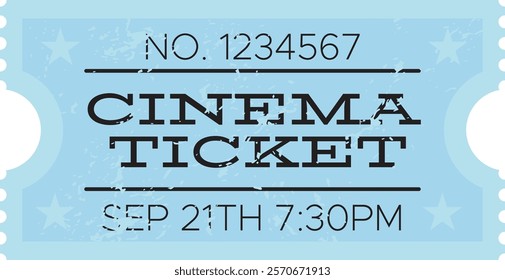 Light blue cinema ticket with time and number printed on it, for a movie show on september 21th at 7,30pm, with a ripped off side and two stars on each side